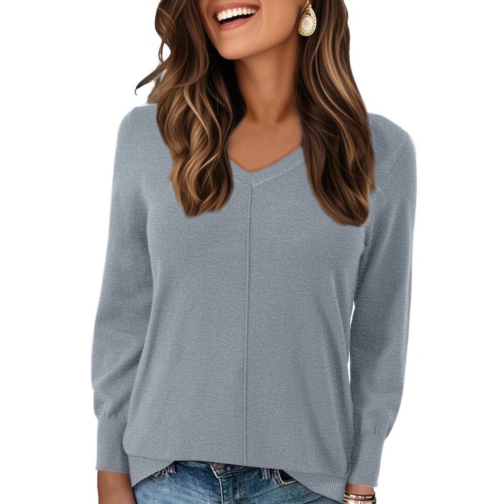 Women Oversized Chunky V Neck Long Sleeve Knit Pullover Sweater Grey